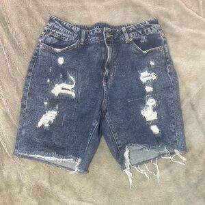 Dark Blue Distressed Denim 8in inseam women's Shorts